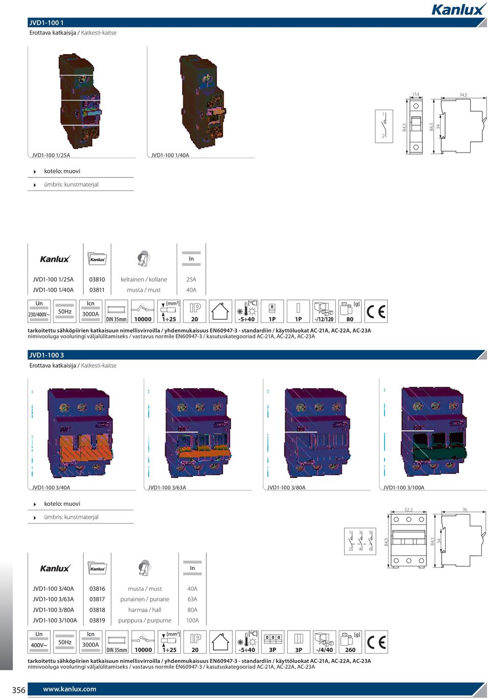kasutuskategooriad AC-A, AC-A, AC-3A JVD-00 3 Erottava katkaisija / Katkesti-kaitse JVD-00 3/40A JVD-00 3/63A JVD-00 3/80A JVD-00 3/00A 5, 76 3 5 4 6 84,5 84,5 34 JVD-00 3/40A 0386 musta / must 40A