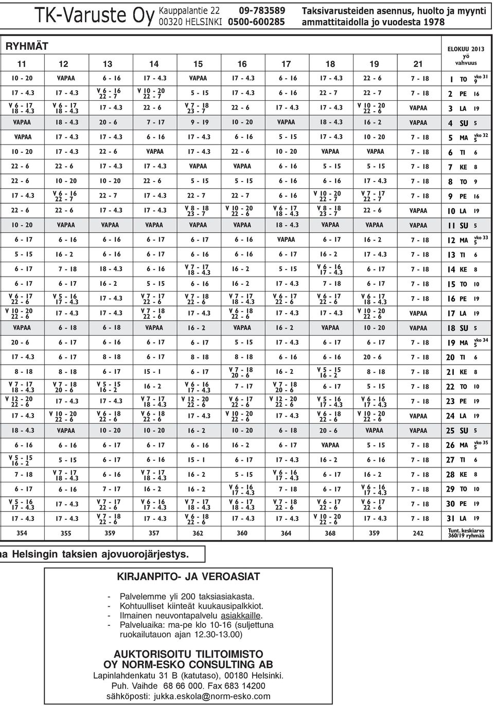 355 7-17 359 357 15-1 362 360 364 368 359 242 26 MA 27 TI 6 28 KE 8 29 TO 10 30 PE 19 vko 35 5 31 LA 19 Tunt. keskiarvo 360/19 ryhmää a Helsingin taksien ajovuorojärjestys.