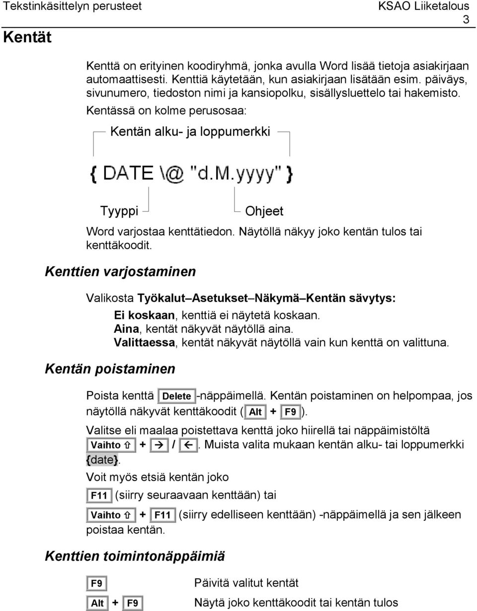 Näytöllä näkyy joko kentän tulos tai kenttäkoodit. Kenttien varjostaminen Valikosta Työkalut Asetukset Näkymä Kentän sävytys: Kentän poistaminen Ei koskaan, kenttiä ei näytetä koskaan.
