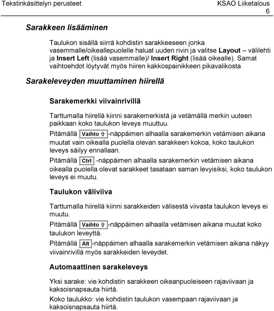 Samat vaihtoehdot löytyvät myös hiiren kakkospainikkeen pikavalikosta Sarakeleveyden muuttaminen hiirellä Sarakemerkki viivainrivillä Tarttumalla hiirellä kiinni sarakemerkistä ja vetämällä merkin