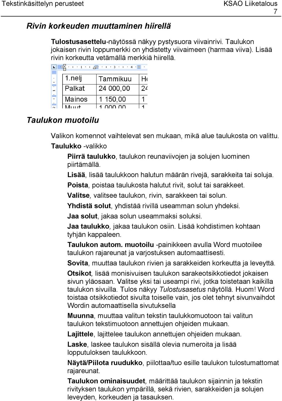 Taulukko -valikko Piirrä taulukko, taulukon reunaviivojen ja solujen luominen piirtämällä. Lisää, lisää taulukkoon halutun määrän rivejä, sarakkeita tai soluja.