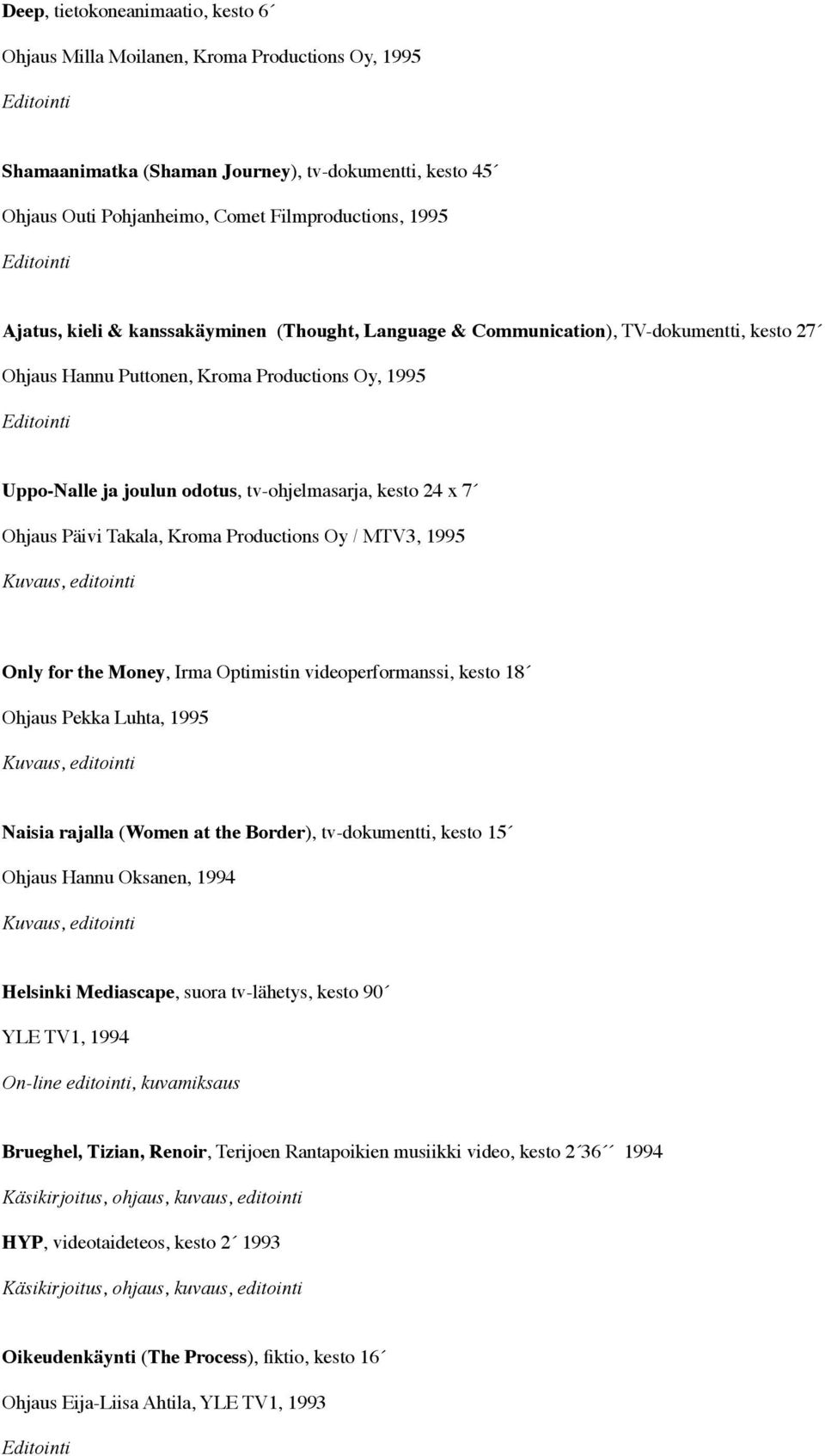 7 Ohjaus Päivi Takala, Kroma Productions Oy / MTV3, 1995 Only for the Money, Irma Optimistin videoperformanssi, kesto 18 Ohjaus Pekka Luhta, 1995 Naisia rajalla (Women at the Border), tv-dokumentti,