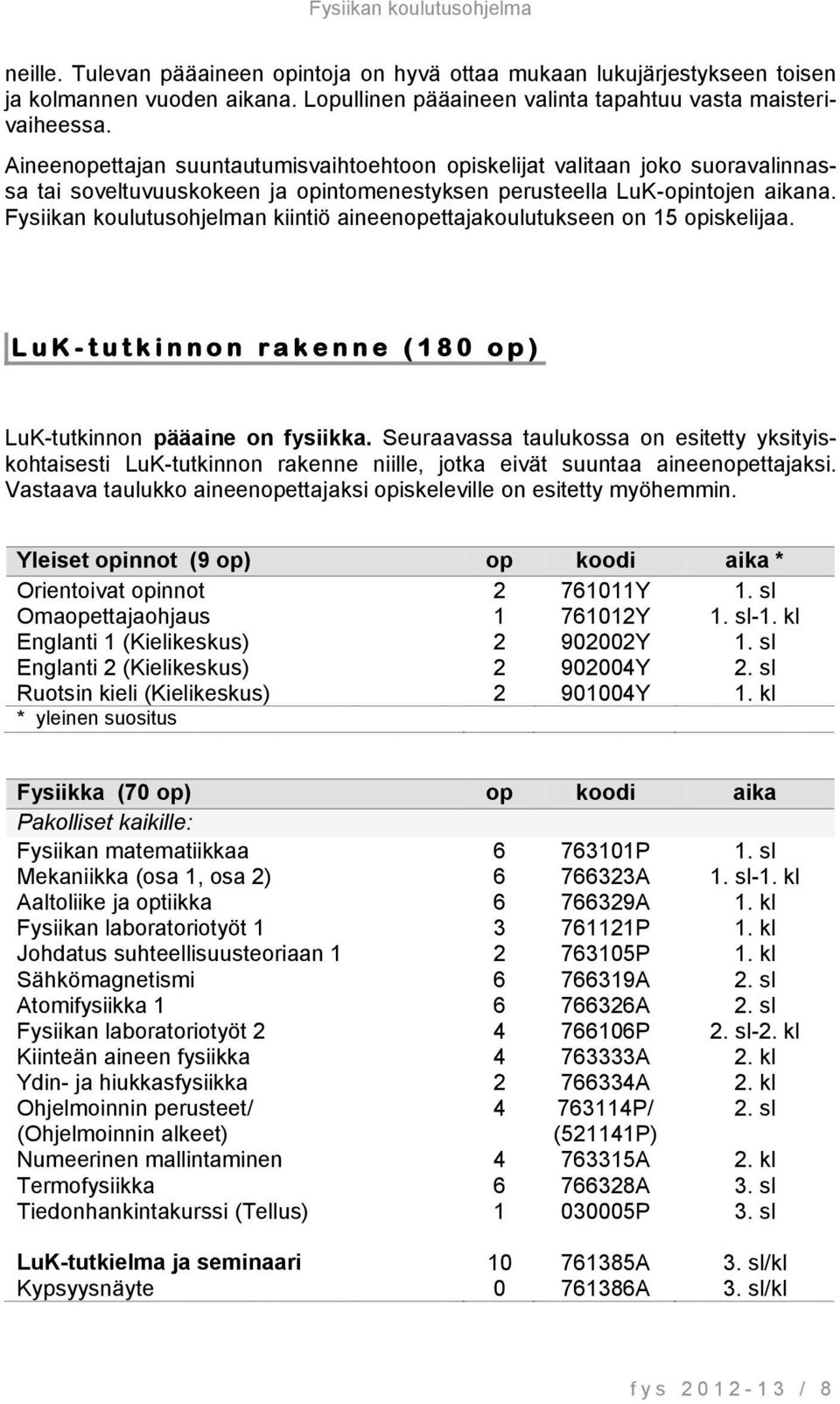 Fysiikan koulutusohjelman kiintiö aineenopettajakoulutukseen on 15 opiskelijaa. LuK- t utk i n n o n r a k e n n e ( 180 op) LuK-tutkinnon pääaine on fysiikka.