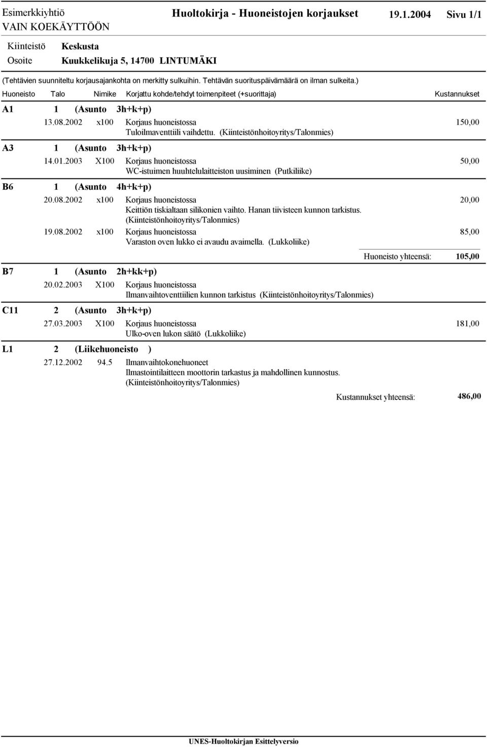 (nhoitoyritys/talonmies) A3 (Asunto 3h+k+p) 4.0.003 X00 Korjaus huoneistossa WC-istuimen huuhtelulaitteiston uusiminen (Putkiliike) B6 (Asunto 4h+k+p) 0.08.