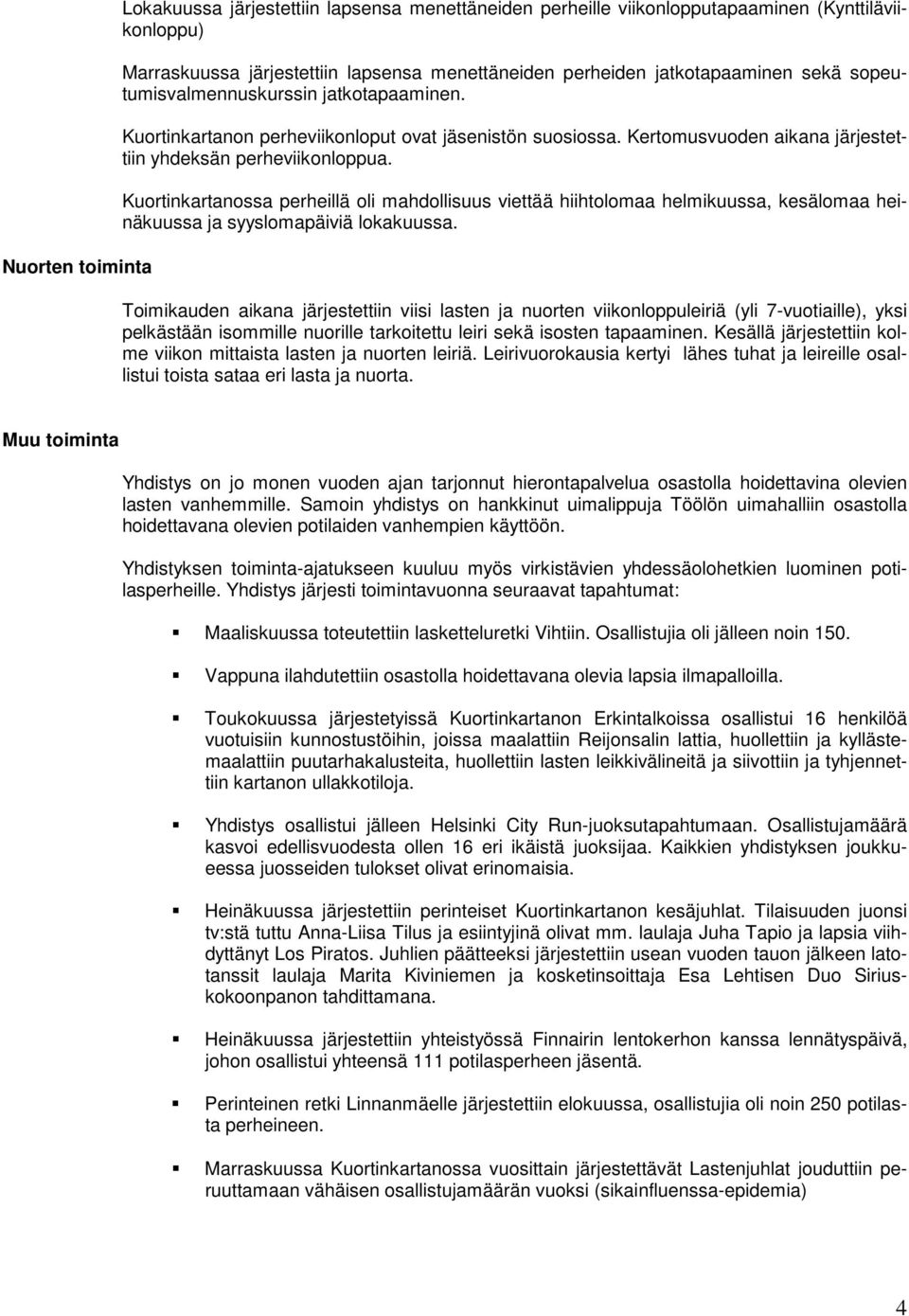 Kuortinkartanossa perheillä oli mahdollisuus viettää hiihtolomaa helmikuussa, kesälomaa heinäkuussa ja syyslomapäiviä lokakuussa.