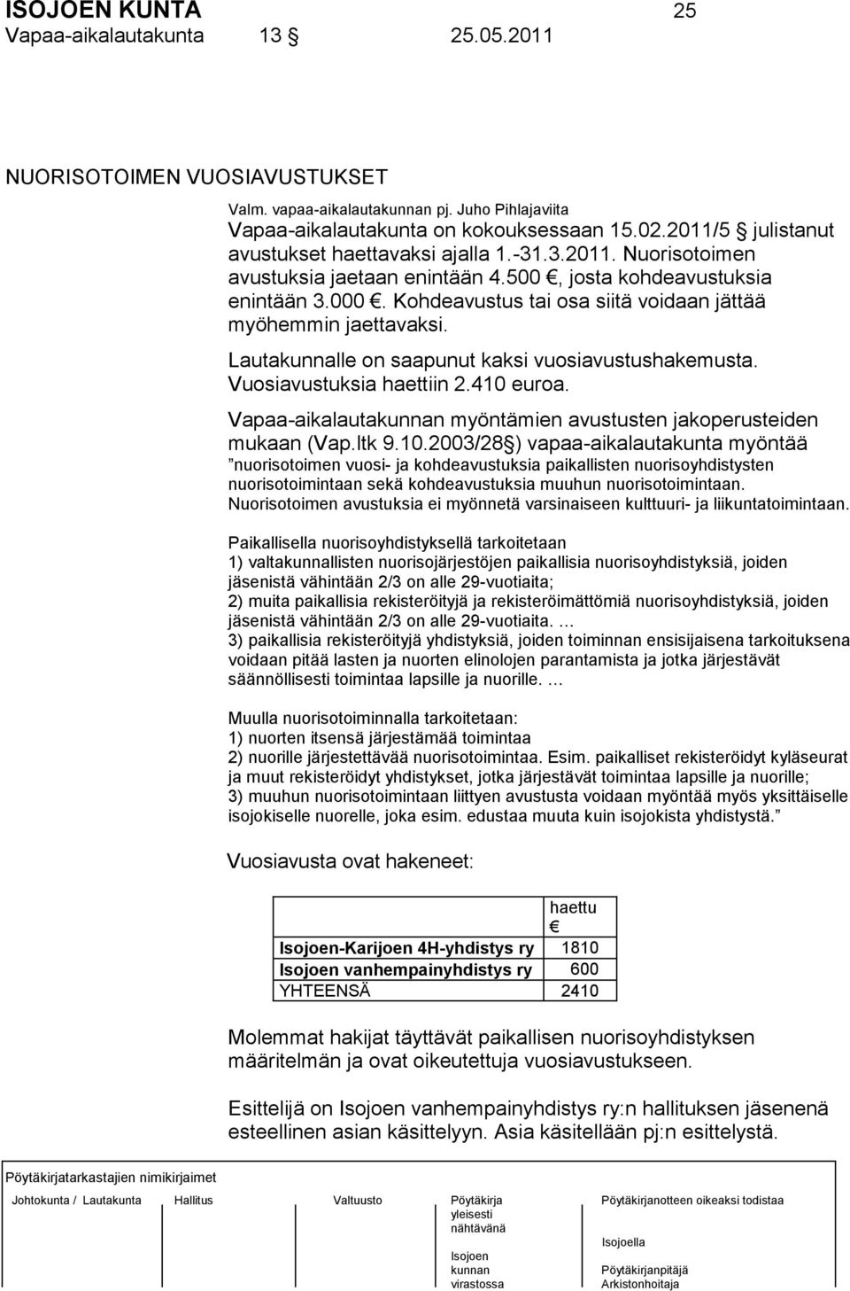 Kohdeavustus tai osa siitä voidaan jättää myöhemmin jaettavaksi. Lautakunnalle on saapunut kaksi vuosiavustushakemusta. Vuosiavustuksia haettiin 2.410 euroa.