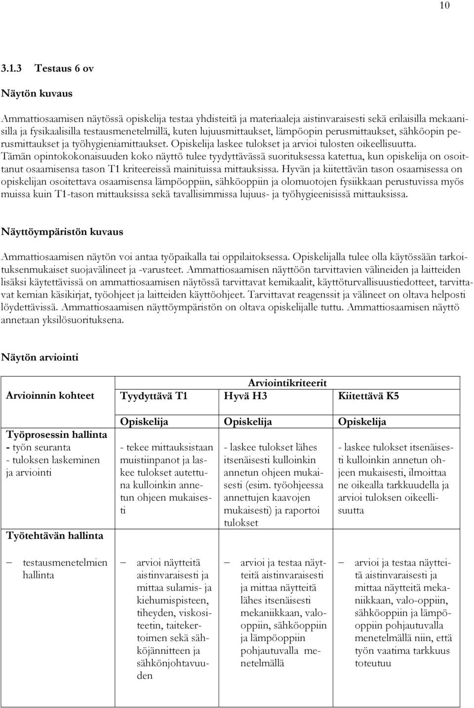 Tämän opintokokonaisuuden koko näyttö tulee tyydyttävässä suorituksessa katettua, kun opiskelija on osoittanut osaamisensa tason T1 kriteereissä mainituissa mittauksissa.