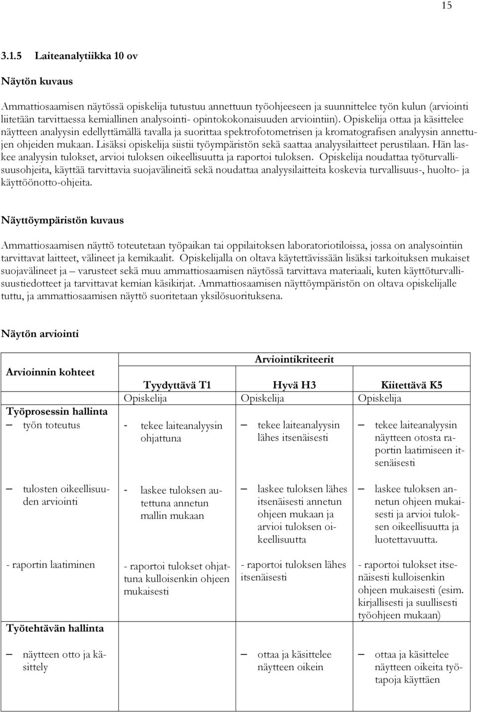 Opiskelija ottaa ja käsittelee näytteen analyysin edellyttämällä tavalla ja suorittaa spektrofotometrisen ja kromatografisen analyysin annettujen ohjeiden mukaan.