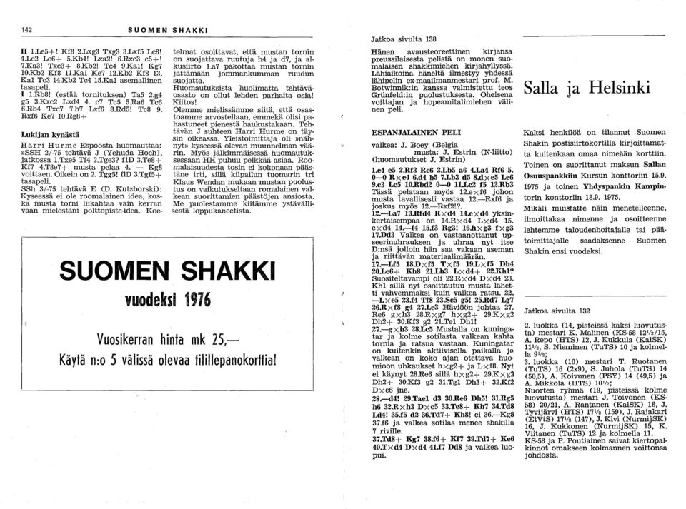 Rg8+ Lukijan kynästä Harri Hurme Espoosta huomauttaa:»ssh 2/ 75 tehtävä J (Yehuda Hoeh), jatkossa l.txe5 Tf4 2.Tge3? fld 3.Te8+ Kf7 4.T8e7 + musta pelaa 4. - Kg8 voittaen. Oikein on 2. Tgg5! fld 3.Tgf5 + tasapeli.
