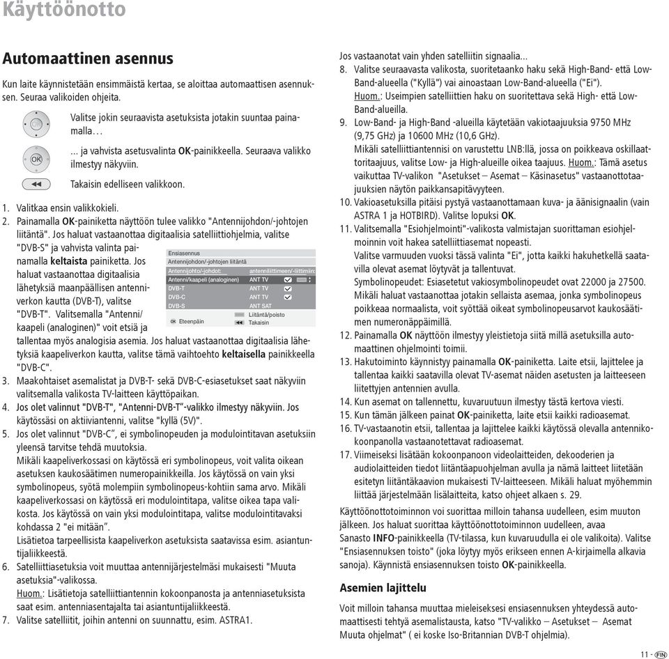 Valitkaa ensin valikkokieli. 2. Painamalla OK-painiketta näyttöön tulee valikko "Antennijohdon/-johtojen liitäntä".