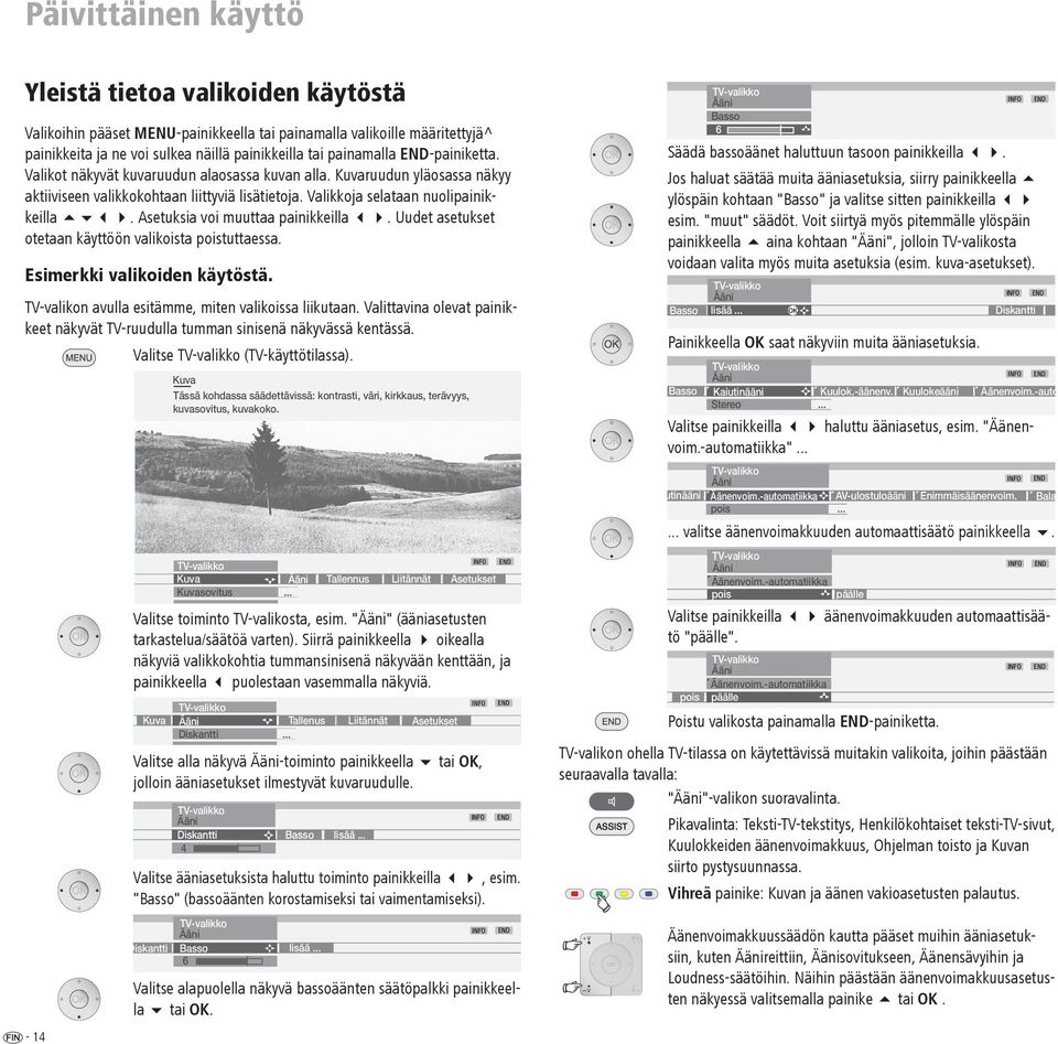 Asetuksia voi muuttaa painikkeilla 34. Uudet asetukset otetaan käyttöön valikoista poistuttaessa. Esimerkki valikoiden käytöstä. TV-valikon avulla esitämme, miten valikoissa liikutaan.