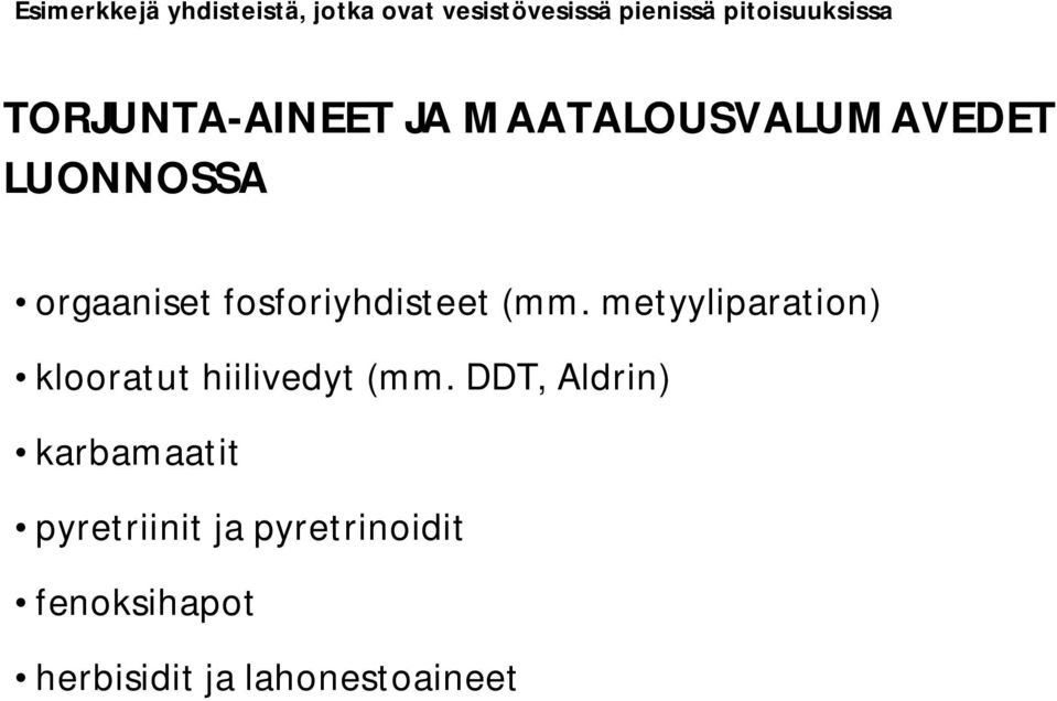 fosforiyhdisteet (mm. metyyliparation) klooratut hiilivedyt (mm.