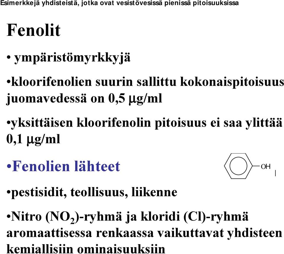 pitoisuus ei saa ylittää 0,1 µg/ml Fenolien lähteet OH pestisidit, teollisuus, liikenne Nitro (NO 2