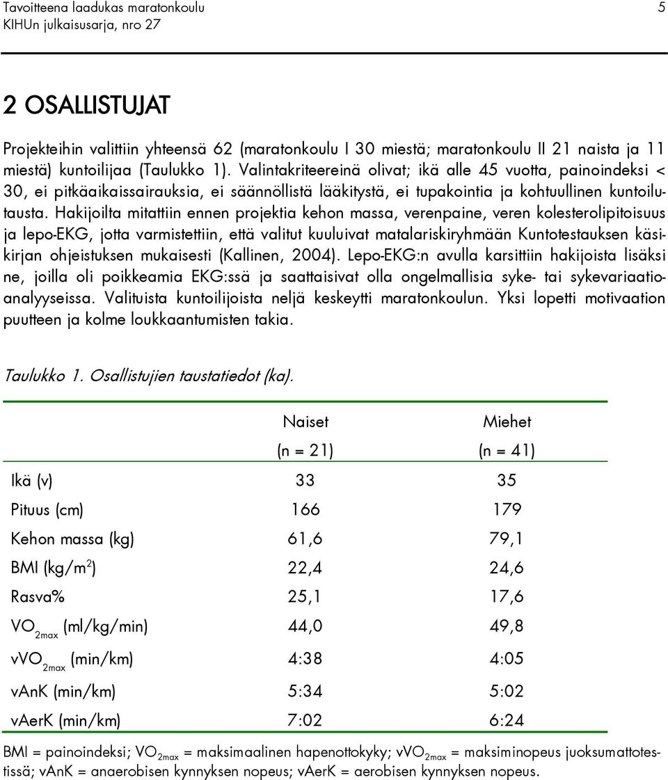 Hakijoilta mitattiin ennen projektia kehon massa, verenpaine, veren kolesterolipitoisuus ja lepo-ekg, jotta varmistettiin, että valitut kuuluivat matalariskiryhmään Kuntotestauksen käsikirjan