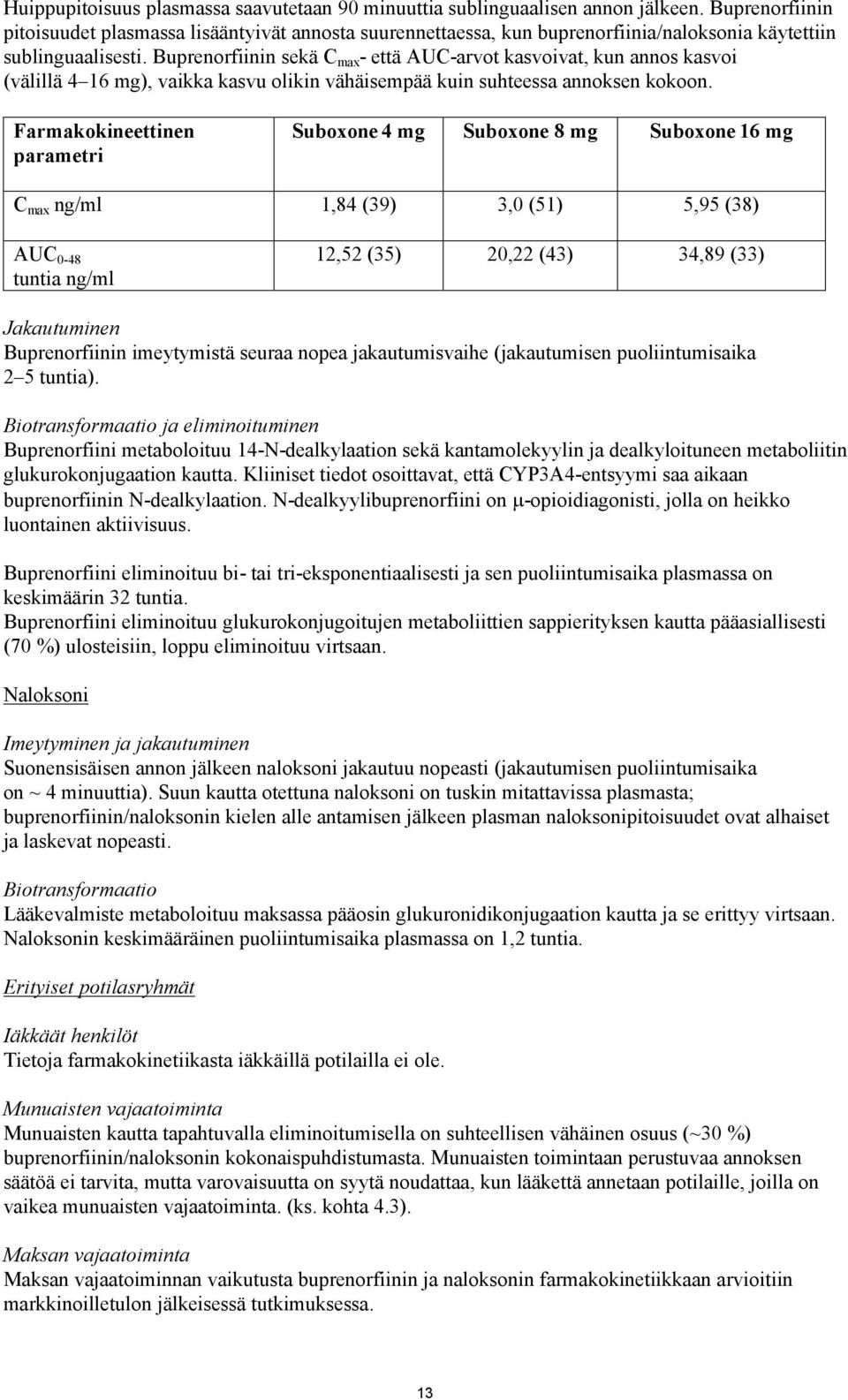 Buprenorfiinin sekä C max - että AUC-arvot kasvoivat, kun annos kasvoi (välillä 4 16 mg), vaikka kasvu olikin vähäisempää kuin suhteessa annoksen kokoon.