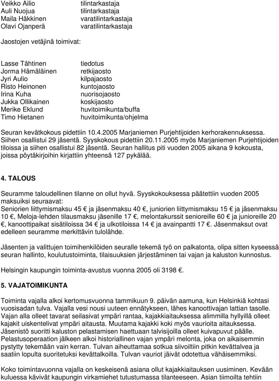 kevätkokous pidettiin 10.4.2005 Marjaniemen Purjehtijoiden kerhorakennuksessa. Siihen osallistui 29 jäsentä. Syyskokous pidettiin 20.11.