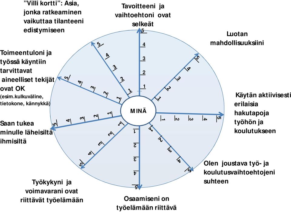 kulkuväline, tietokone, kännykkä) Saan tukea minulle läheisiltä ihmisiltä Tavoitteeni ja vaihtoehtoni ovat selkeät 5_ 4 3 2 _1 1 MINÄ