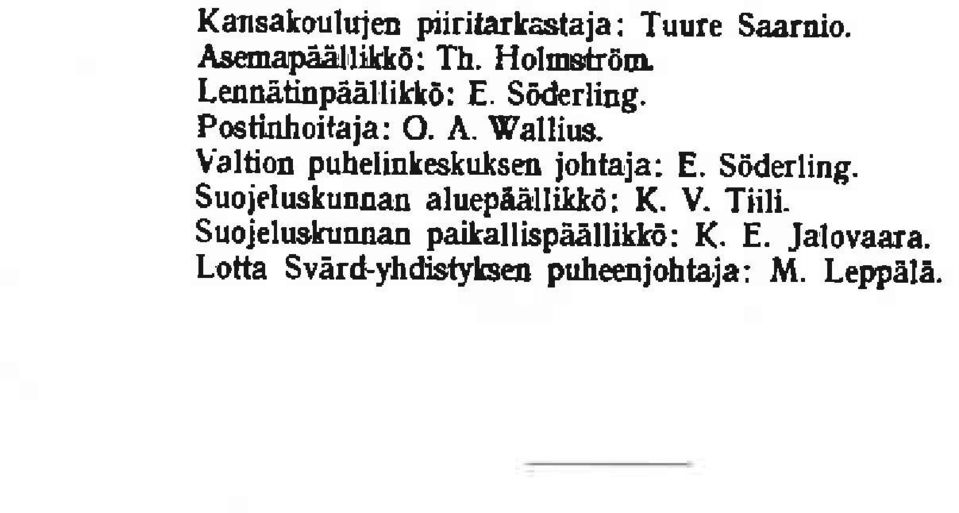 'altion puhelinleskulsm iohtaja: E. Sdderling. Suojeluskunoan alueptilliltd: K. V.