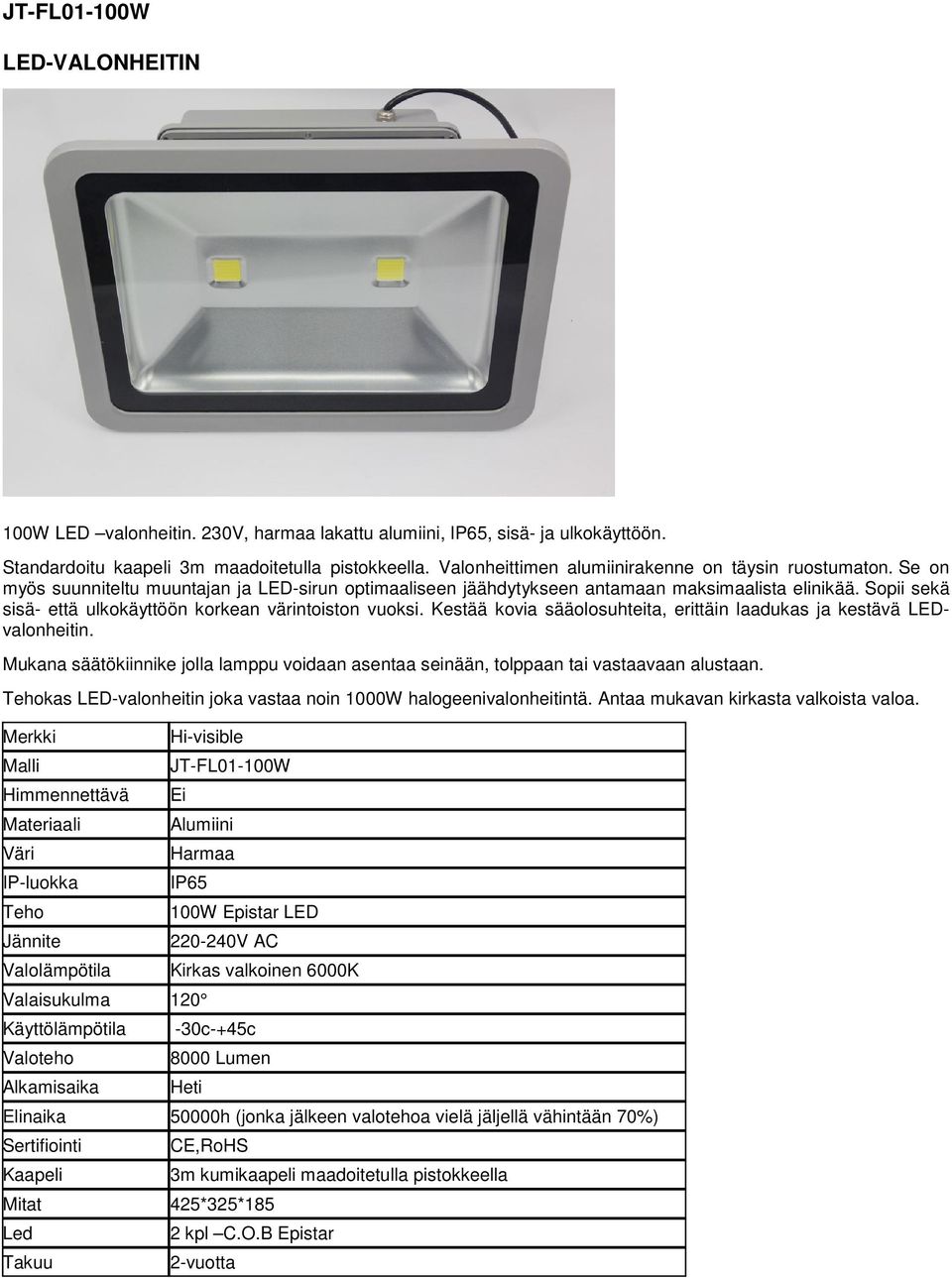 Himmennettävä Materiaali IP-luokka Valolämpötila JT-FL01-100W Ei Alumiini Harmaa IP65 Käyttölämpötila Valoteho