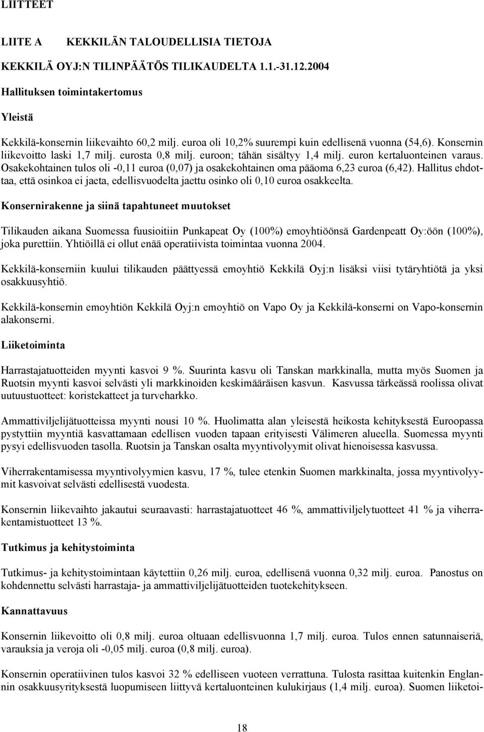 Osakekohtainen tulos oli -0,11 euroa (0,07) ja osakekohtainen oma pääoma 6,23 euroa (6,42). Hallitus ehdottaa, että osinkoa ei jaeta, edellisvuodelta jaettu osinko oli 0,10 euroa osakkeelta.