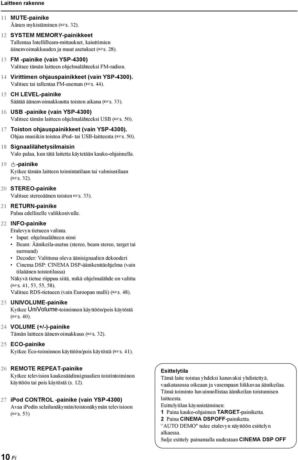 5 CH LEVEL-painike Säätää äänenvoimakkuutta toiston aikana ( s. 33). 6 USB -painike (vain YSP-4300) Valitsee tämän laitteen ohjelmalähteeksi USB ( s. 50). 7 Toiston ohjauspainikkeet (vain YSP-4300).