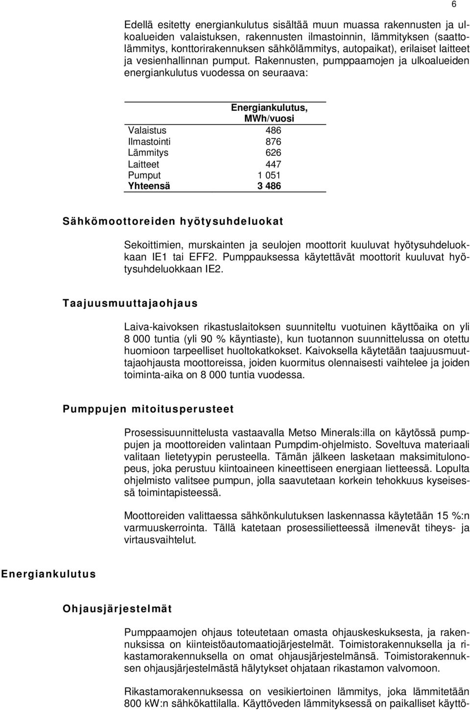 Rakennusten, pumppaamojen ja ulkoalueiden energiankulutus vuodessa on seuraava: 6 Energiankulutus, MWh/vuosi Valaistus 486 Ilmastointi 876 Lämmitys 626 Laitteet 447 Pumput 1 051 Yhteensä 3 486