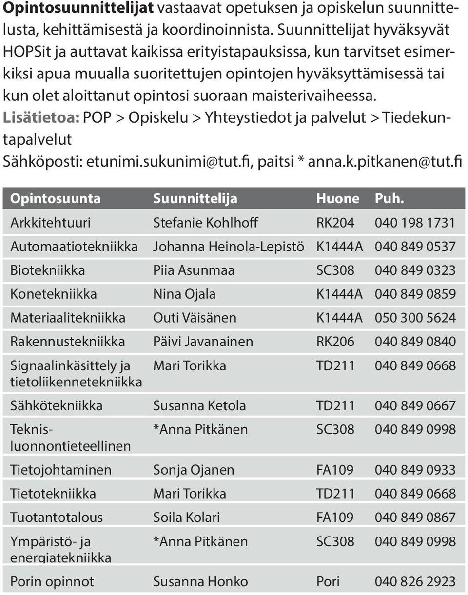 maisterivaiheessa. Lisätietoa: POP > Opiskelu > Yhteystiedot ja palvelut > Tiedekuntapalvelut Sähköposti: etunimi.sukunimi@tut.fi, paitsi * anna.k.pitkanen@tut.fi Opintosuunta Suunnittelija Huone Puh.