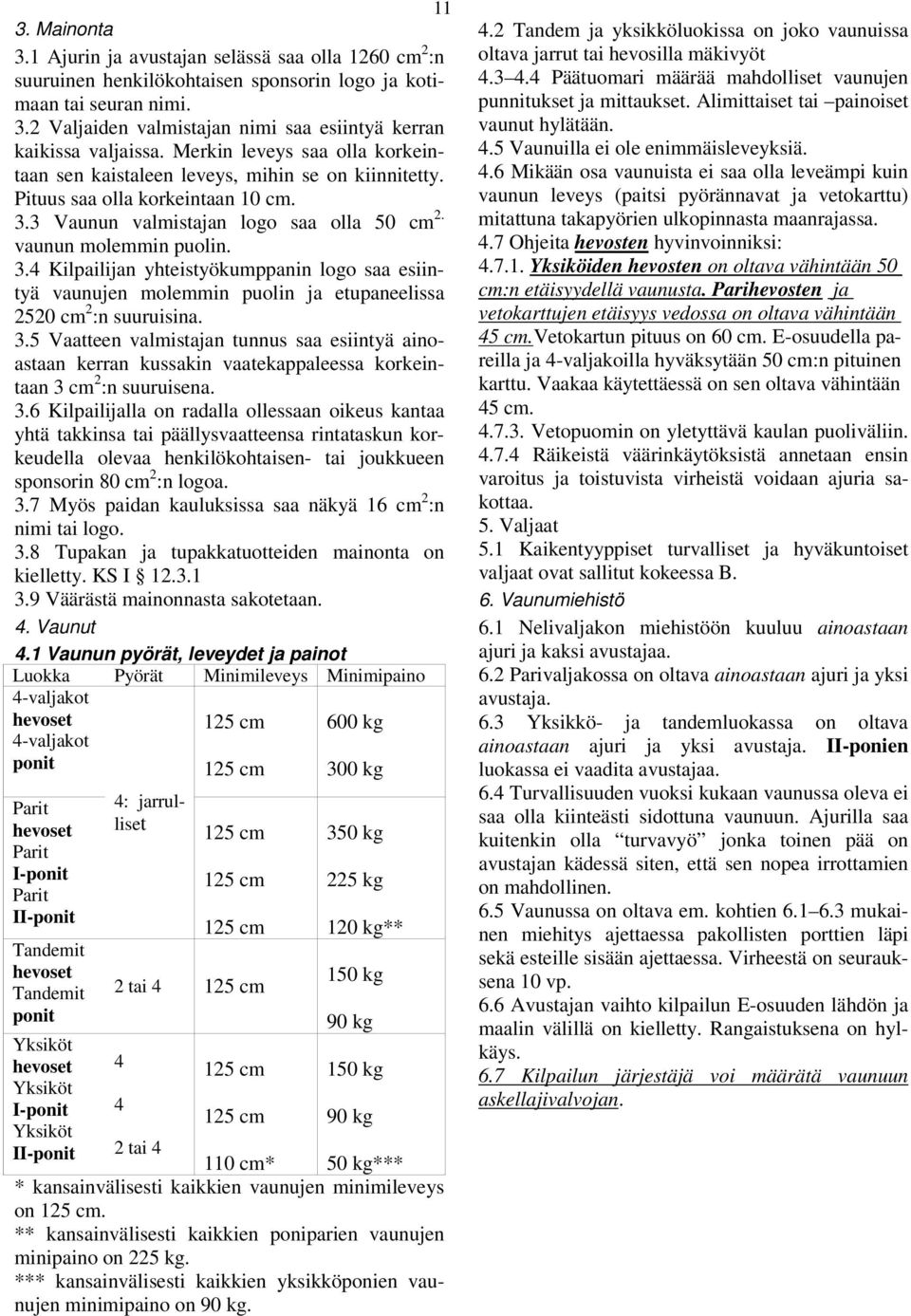 3 aunun valmistajan logo saa olla 50 cm 2. vaunun molemmin puolin. 3.4 ilpailijan yhteistyökumppanin logo saa esiintyä vaunujen molemmin puolin ja etupaneelissa 2520 cm 2 :n suuruisina. 3.5 aatteen valmistajan tunnus saa esiintyä ainoastaan kerran kussakin vaatekappaleessa korkeintaan 3 cm 2 :n suuruisena.