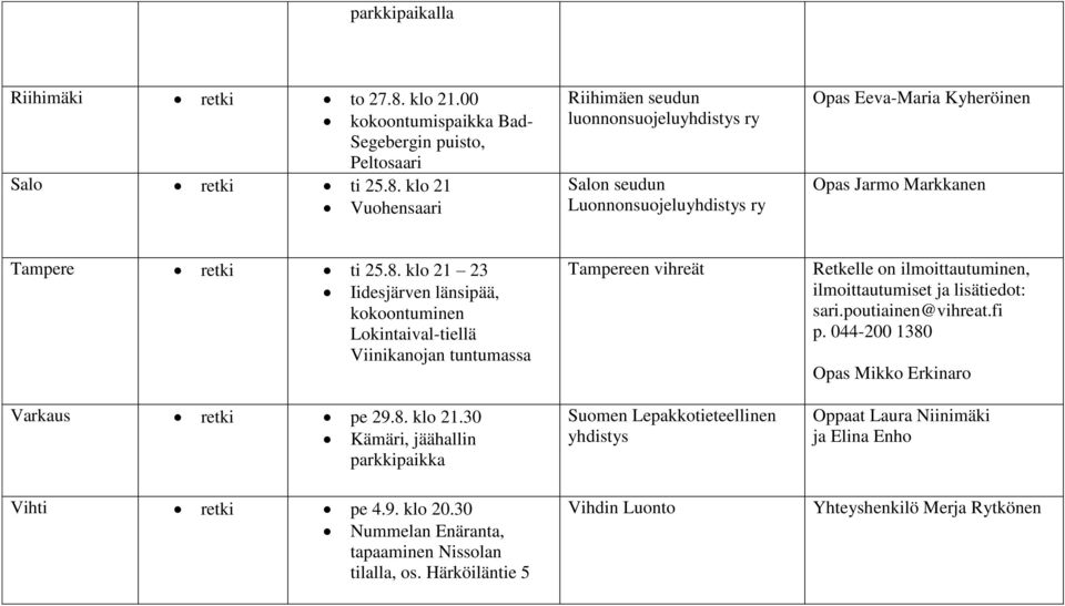 klo 21 Vuohensaari Riihimäen seudun luonnonsuojeluyhdistys ry Salon seudun Luonnonsuojeluyhdistys ry Opas Eeva-Maria Kyheröinen Opas Jarmo Markkanen Tampere ti 25.8.