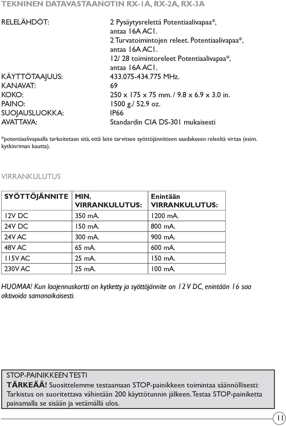 SUOJAUSLUOKKA: IP66 AVATTAVA: Standardin CIA DS-301 mukaisesti *potentiaalivapaalla tarkoitetaan sitä, että laite tarvitsee syöttöjännitteen saadakseen releeltä virtaa (esim. kytkinriman kautta).