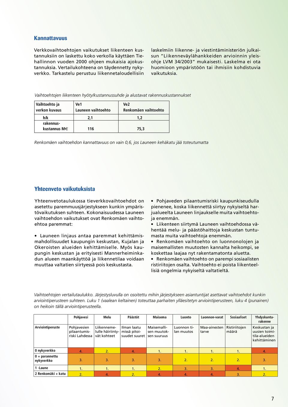 Tarkastelu perustuu liikennetaloudellisiin laskelmiin liikenne- ja viestintäministeriön julkaisun Liikenneväylähankkeiden arvioinnin yleisohje LVM 34/2003 mukaisesti.