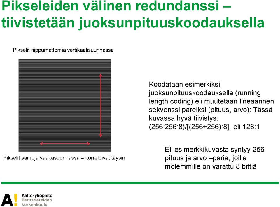 pareiksi (pituus, arvo): Tässä kuvassa hyvä tiivistys: (256 256 8)/[(256+256) 8], eli 128:1 Pikselit samoja