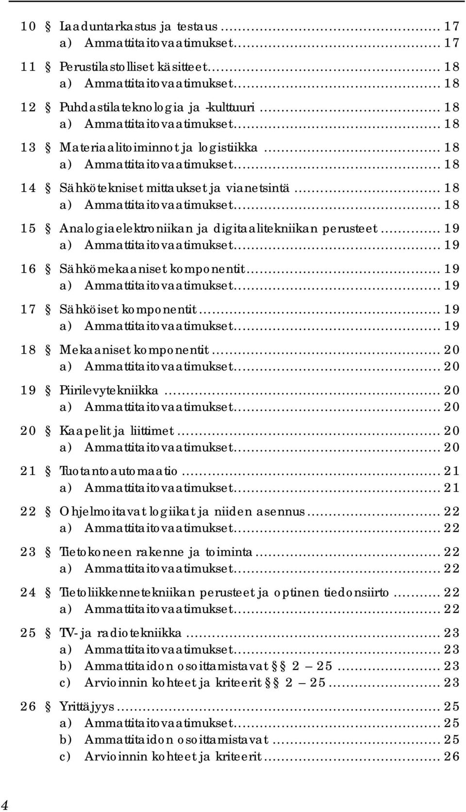 .. 20 19 Piirilevytekniikka... 20... 20 20 Kaapelit ja liittimet... 20... 20 21 Tuotantoautomaatio... 21... 21 22 Ohjelmoitavat logiikat ja niiden asennus... 22... 22 23 Tietokoneen rakenne ja toiminta.