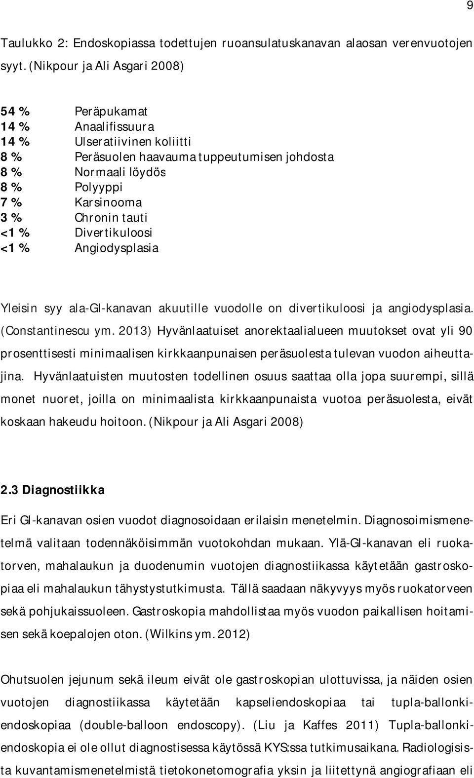 Chronin tauti <1 % Divertikuloosi <1 % Angiodysplasia Yleisin syy ala-gi-kanavan akuutille vuodolle on divertikuloosi ja angiodysplasia. (Constantinescu ym.