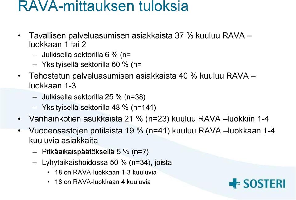 sektorilla 48 % (n=141) Vanhainkotien asukkaista 21 % (n=23) kuuluu RAVA luokkiin 1-4 Vuodeosastojen potilaista 19 % (n=41) kuuluu RAVA luokkaan