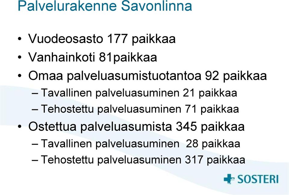 paikkaa Tehostettu palveluasuminen 71 paikkaa Ostettua palveluasumista 345