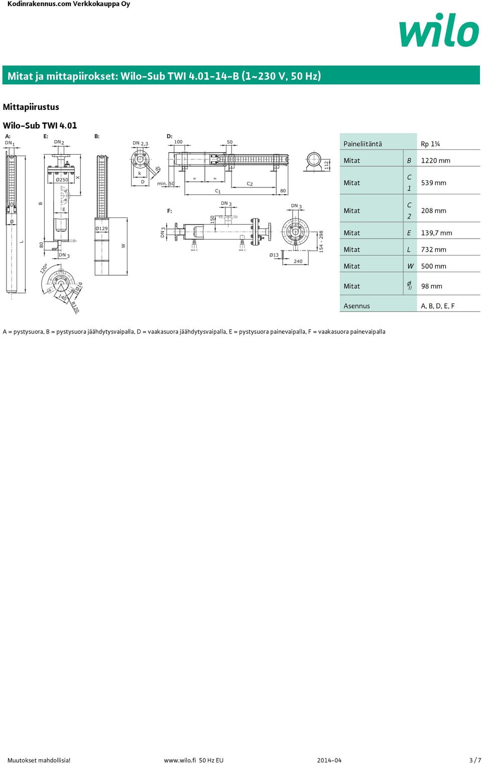 5 = = C1 C2 8 112 Mitat B 122 mm Mitat C 1 539 mm Ø L B 8 12 E DN 3 Ø129 W DN3 F: 15 DN 3 Ø13 DN 3 24 154-298 Mitat C 2 28 mm Mitat E 139,7 mm