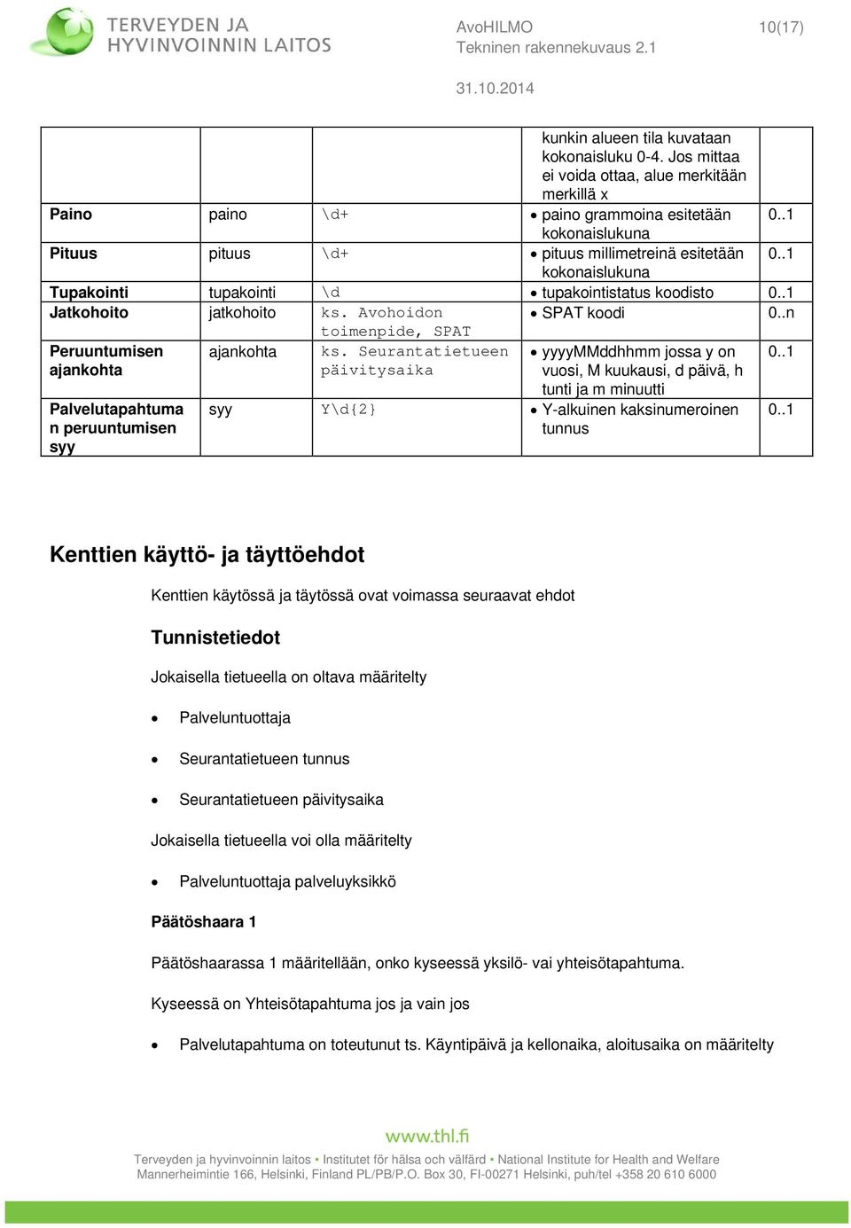 tupakointistatus koodisto Jatkohoito jatkohoito ks. Avohoidon toimenpide, SPAT SPAT koodi 0..n Peruuntumisen ajankohta Palvelutapahtuma n peruuntumisen syy ajankohta ks.