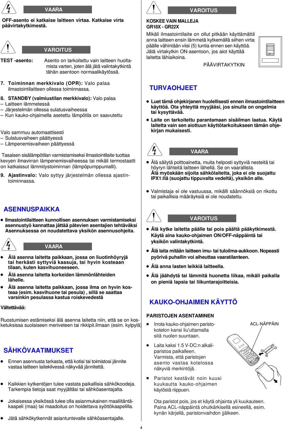 Toiminnan merkkivalo (OPR): Valo palaa ilmastointilaitteen ollessa toiminnassa. 8.