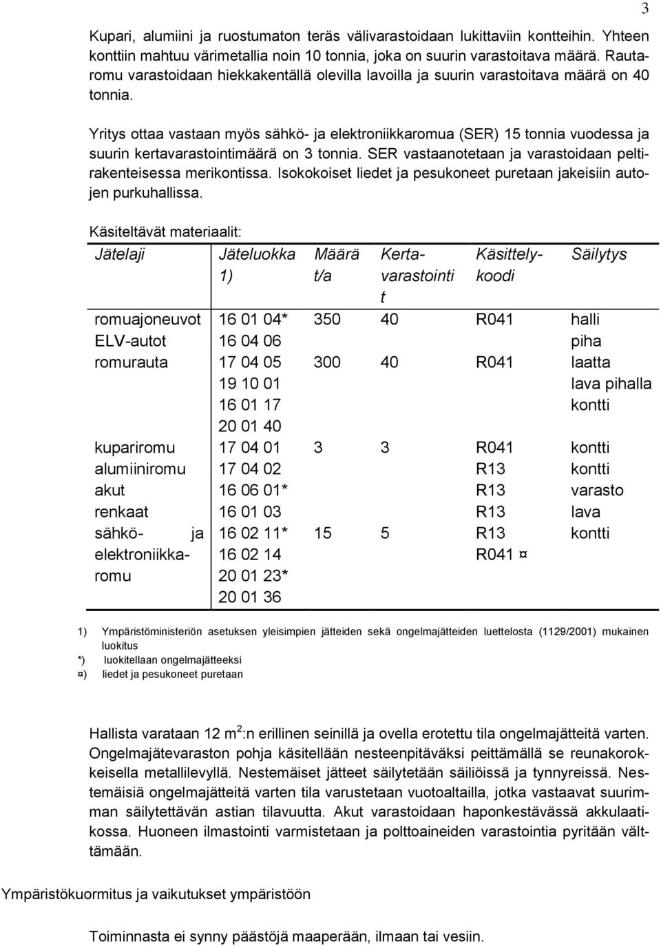 Yritys ottaa vastaan myös sähkö- ja elektroniikkaromua (SER) 15 tonnia vuodessa ja suurin kertavarastointimäärä on 3 tonnia. SER vastaanotetaan ja varastoidaan peltirakenteisessa merikontissa.