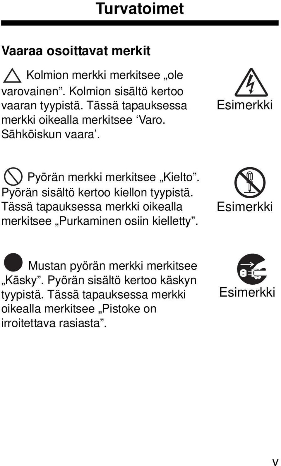 Pyörän sisältö kertoo kiellon tyypistä. Tässä tapauksessa merkki oikealla merkitsee Purkaminen osiin kielletty.