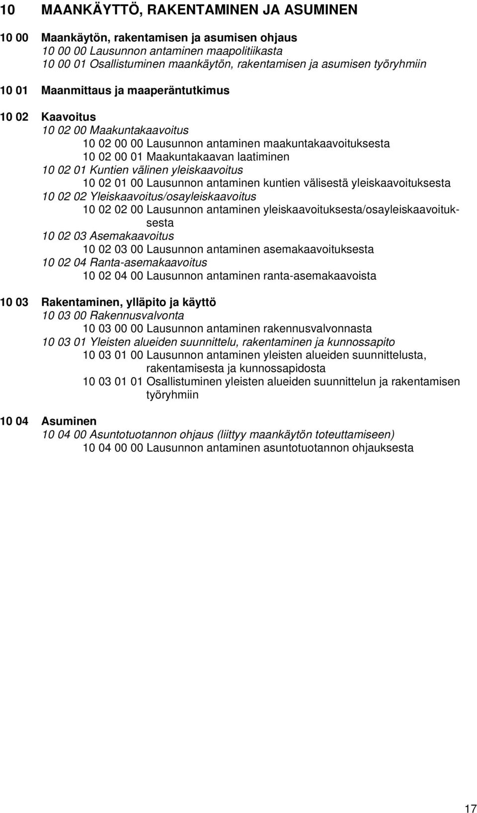 Kuntien välinen yleiskaavoitus 10 02 01 00 Lausunnon antaminen kuntien välisestä yleiskaavoituksesta 10 02 02 Yleiskaavoitus/osayleiskaavoitus 10 02 02 00 Lausunnon antaminen