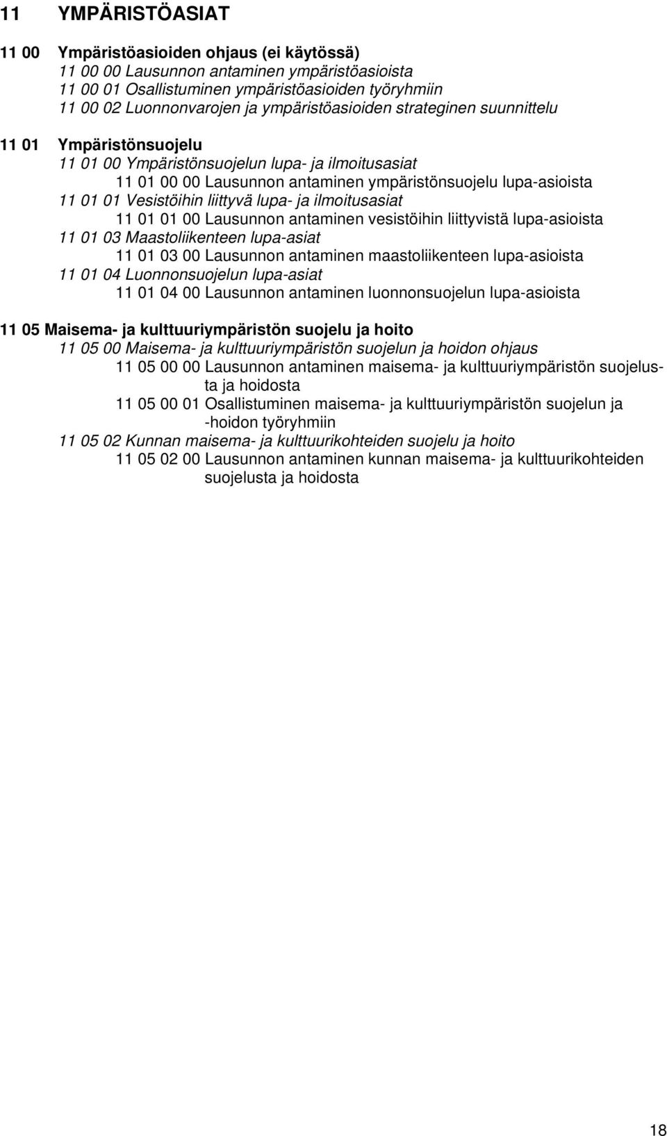 Vesistöihin liittyvä lupa- ja ilmoitusasiat 11 01 01 00 Lausunnon antaminen vesistöihin liittyvistä lupa-asioista 11 01 03 Maastoliikenteen lupa-asiat 11 01 03 00 Lausunnon antaminen maastoliikenteen