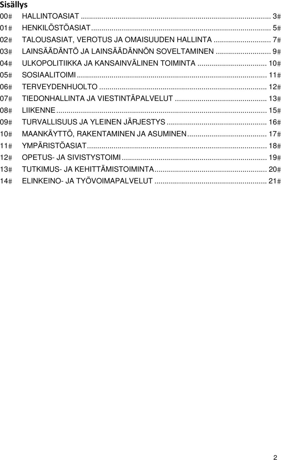 .. 11 06 TERVEYDENHUOLTO... 12 07 TIEDONHALLINTA JA VIESTINTÄPALVELUT... 13 08 LIIKENNE... 15 09 TURVALLISUUS JA YLEINEN JÄRJESTYS.