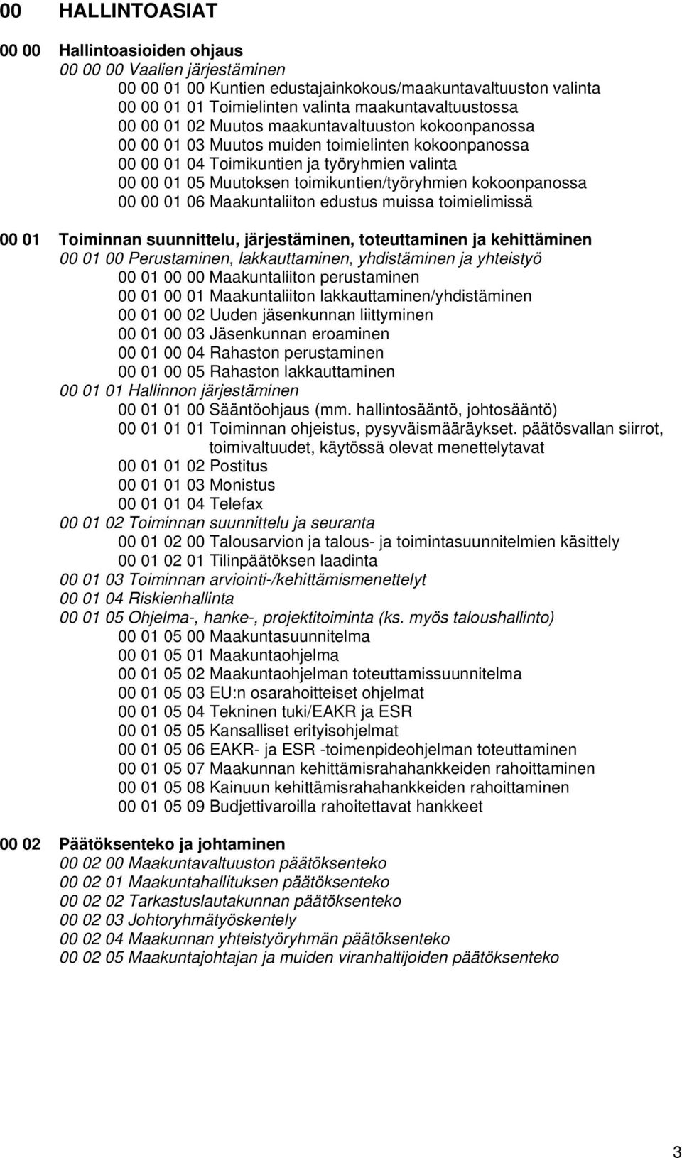 kokoonpanossa 00 00 01 06 Maakuntaliiton edustus muissa toimielimissä 00 01 Toiminnan suunnittelu, järjestäminen, toteuttaminen ja kehittäminen 00 01 00 Perustaminen, lakkauttaminen, yhdistäminen ja