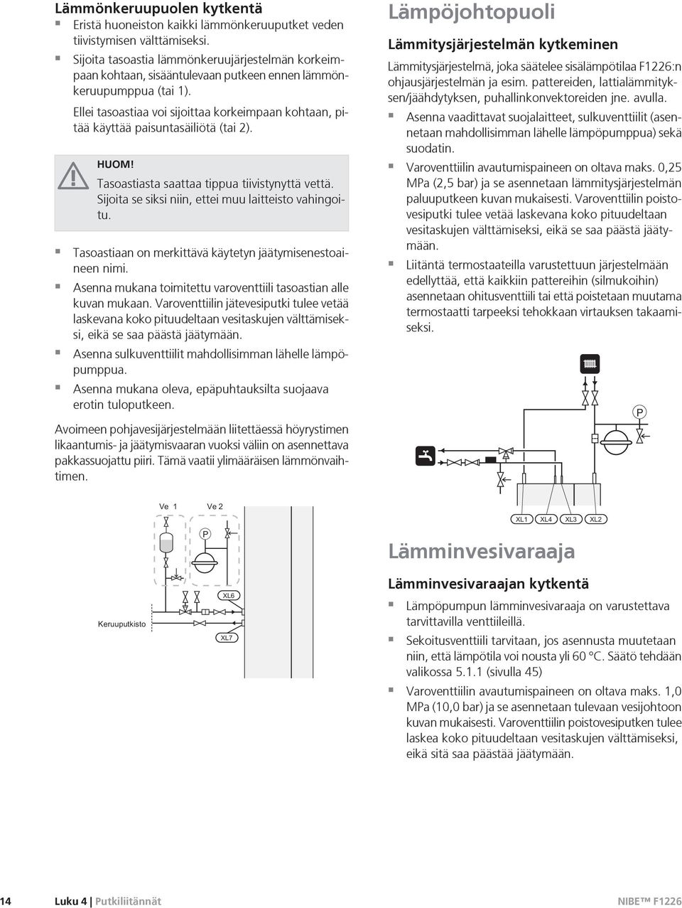 Ellei tasoastiaa voi sijoittaa korkeimpaan kohtaan, pitää käyttää paisuntasäiliötä (tai 2). HUOM! Tasoastiasta saattaa tippua tiivistynyttä vettä.