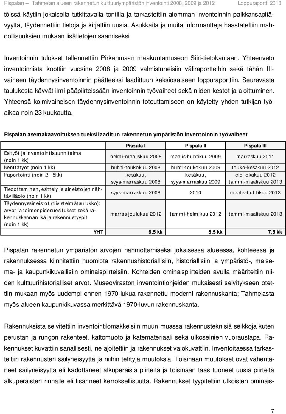 Yhteenveto inventoinnista koottiin vuosina 2008 ja 2009 valmistuneisiin väliraportteihin sekä tähän IIIvaiheen täydennysinventoinnin päätteeksi laadittuun kaksiosaiseen loppuraporttiin.