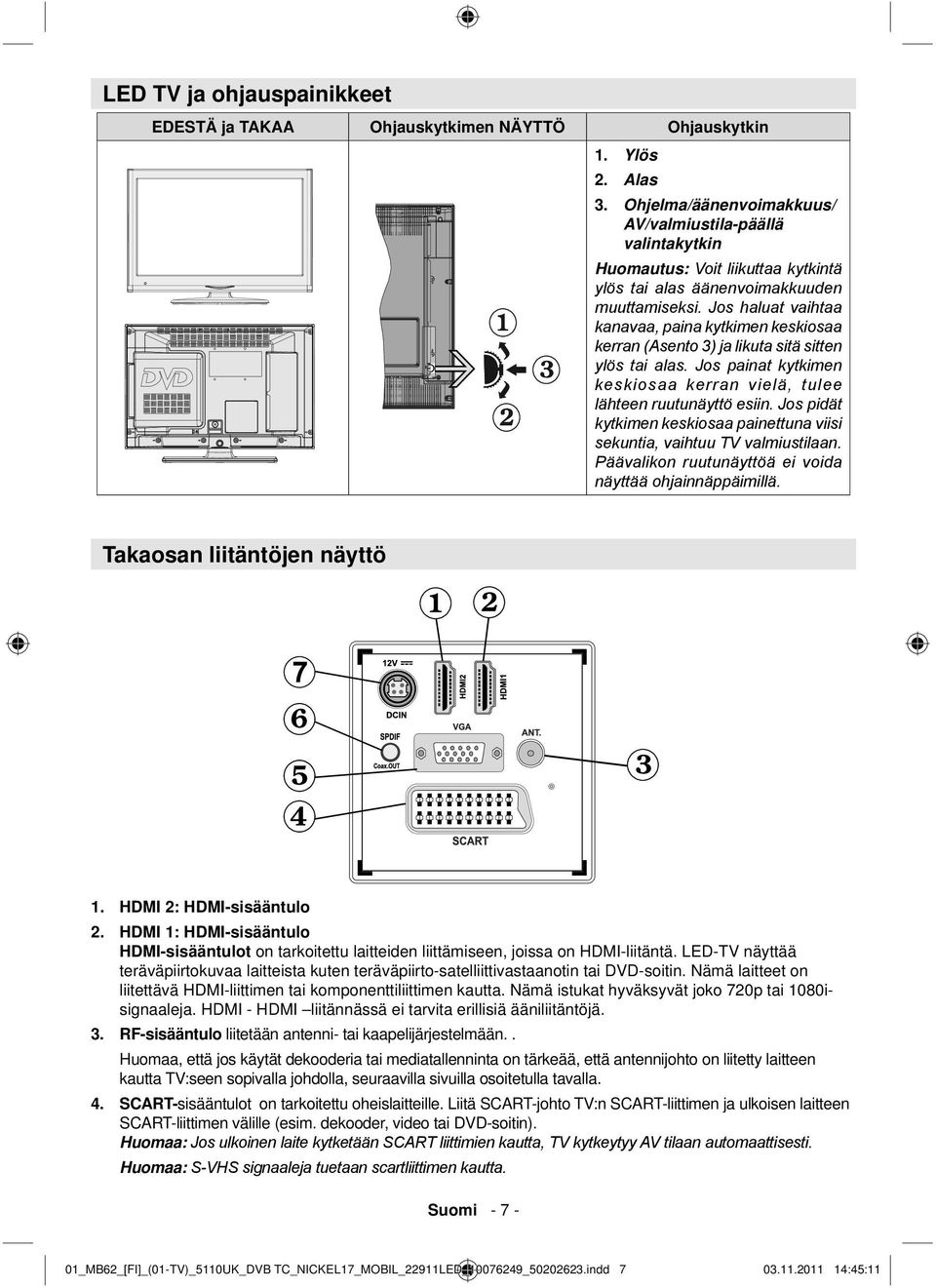 Jos haluat vaihtaa kanavaa, paina kytkimen keskiosaa kerran (Asento 3) ja likuta sitä sitten ylös tai alas. Jos painat kytkimen keskiosaa kerran vielä, tulee lähteen ruutunäyttö esiin.