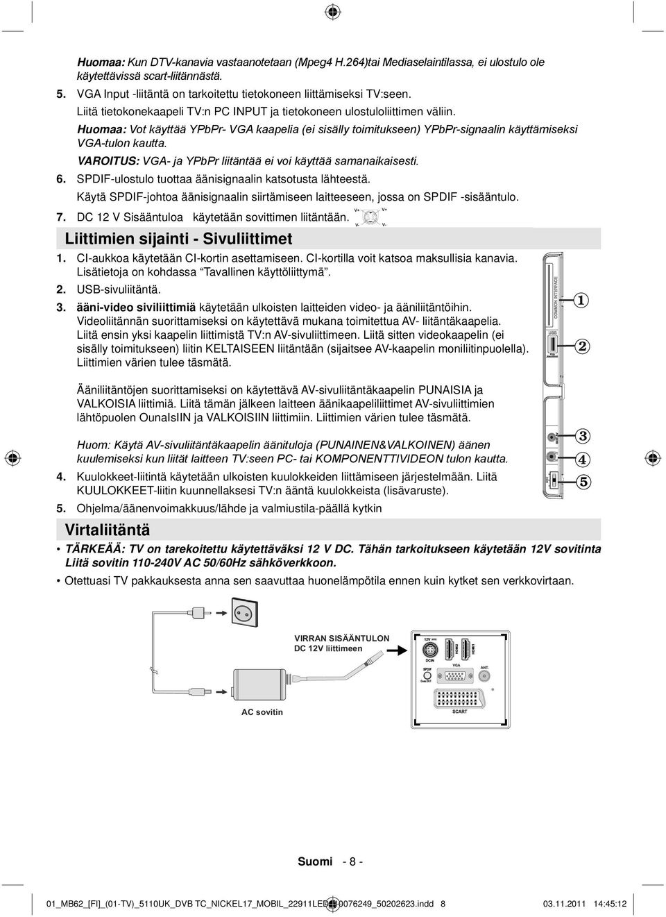 Huomaa: Vot käyttää YPbPr- VGA kaapelia (ei sisälly toimitukseen) YPbPr-signaalin käyttämiseksi VGA-tulon kautta. VAROITUS: VGA- ja YPbPr liitäntää ei voi käyttää samanaikaisesti.