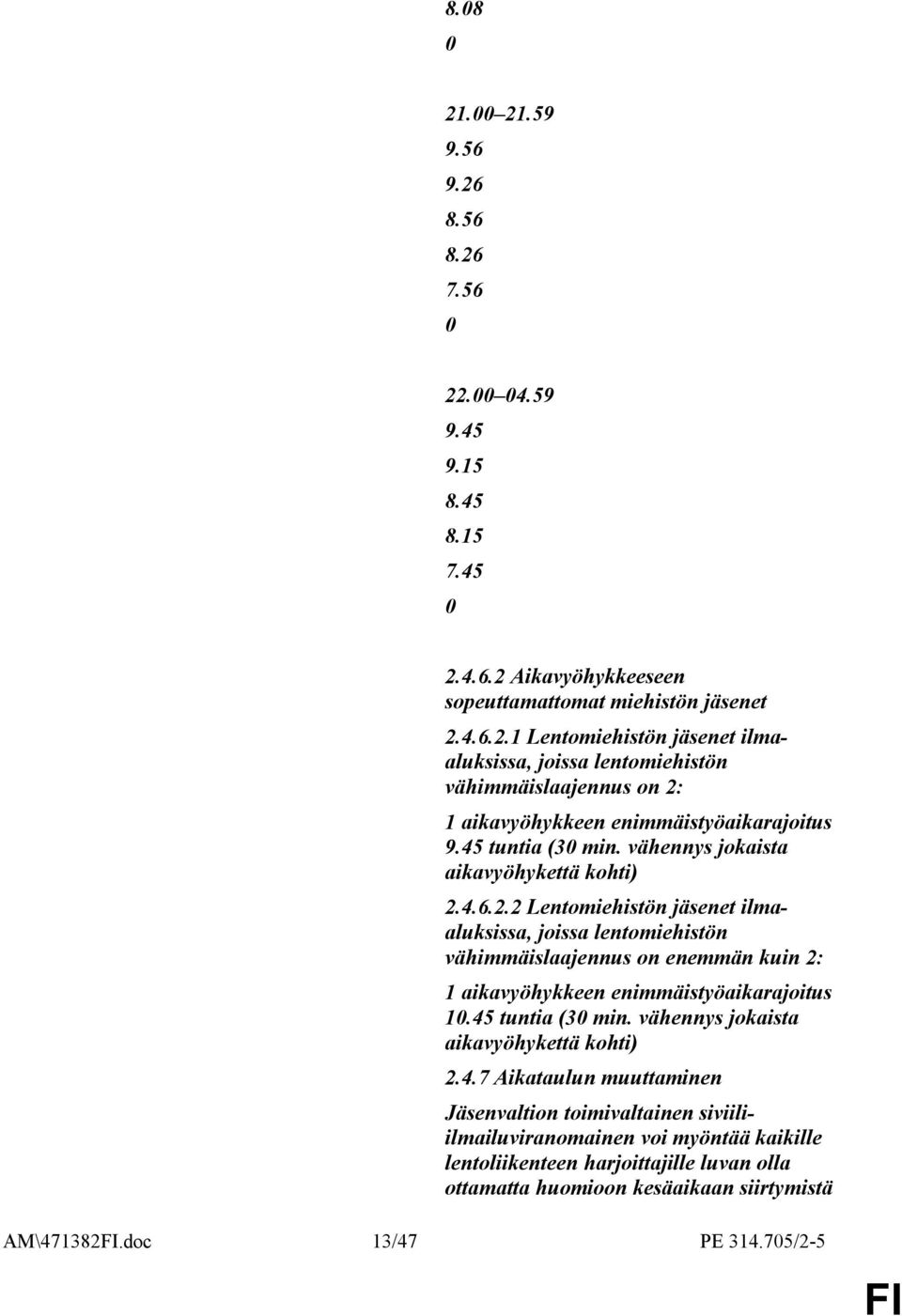 4.6.2.2 Lentomiehistön jäsenet ilmaaluksissa, joissa lentomiehistön vähimmäislaajennus on enemmän kuin 2: 1 aikavyöhykkeen enimmäistyöaikarajoitus 10.4.7 Aikataulun muuttaminen Jäsenvaltion